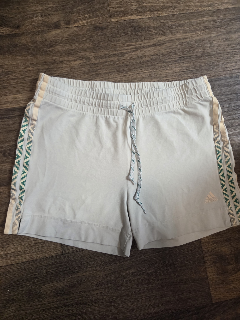 adidas Women's Beige Athletic Shorts with Green Woven Side Trim